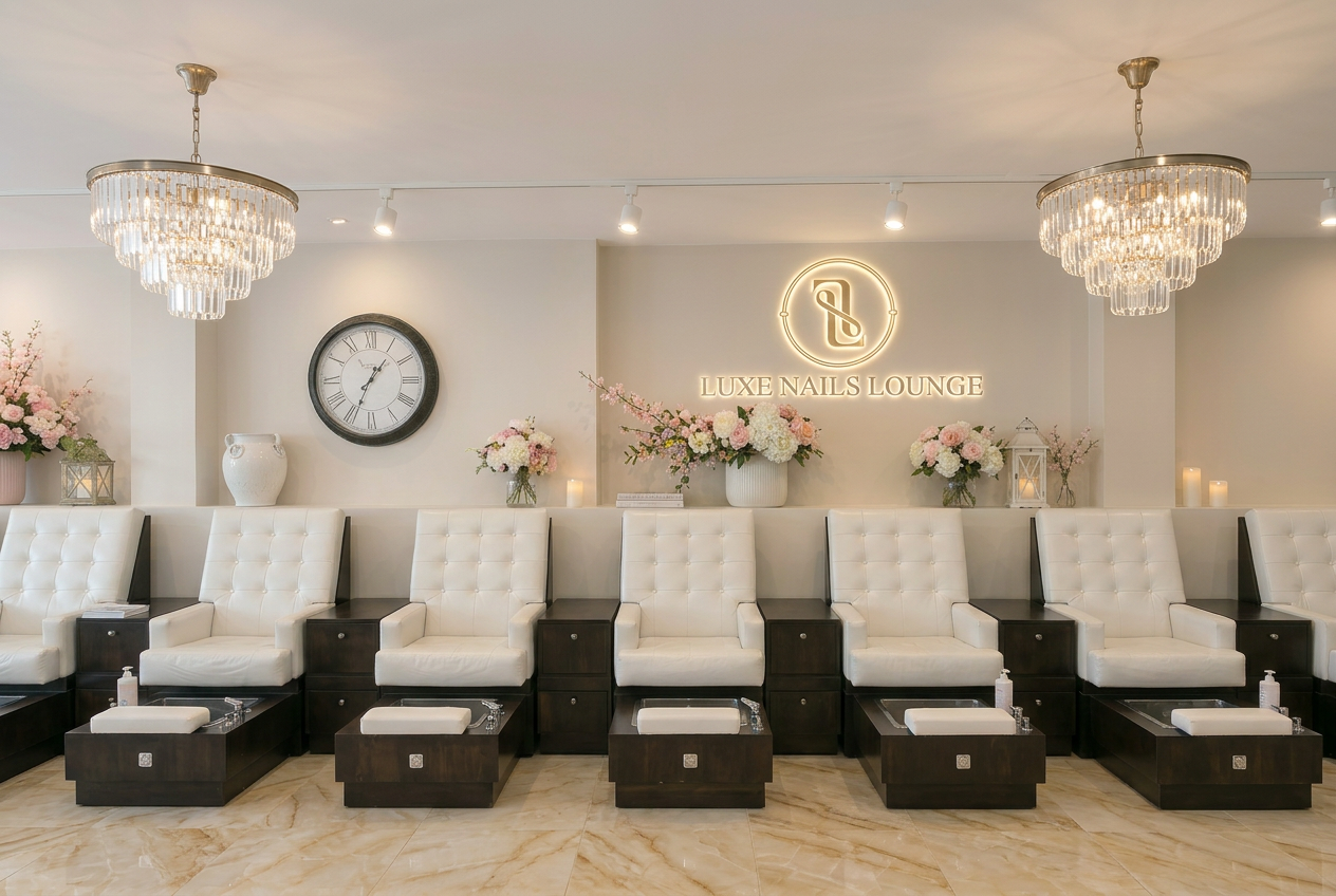 Luxe Nails Lounge interior with crystal chandelier